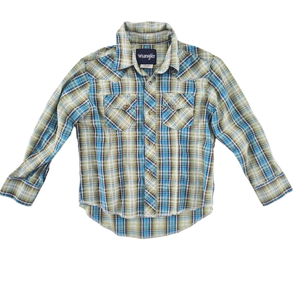 Wrangler Boys Blue Green Plaid Western Snap Shirt Long Sleeve Small 5-6 BVG064A